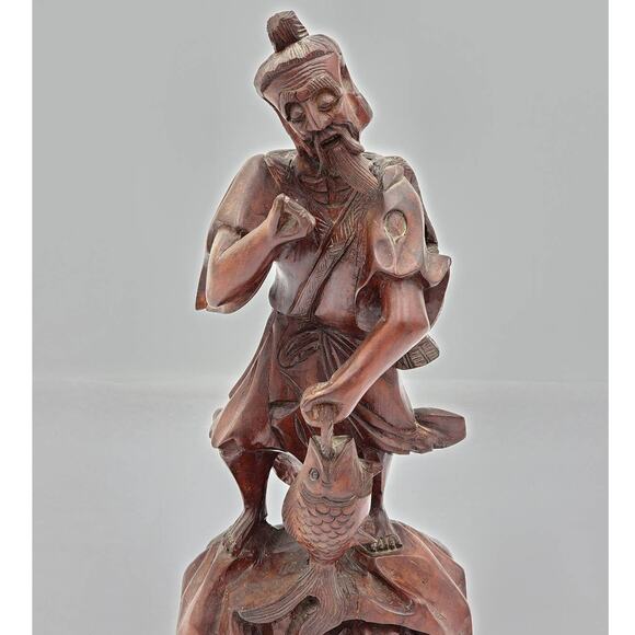 Vintage Asian Chinese Fisherman Hand Carved Wooden Sculpture Sage Elder Fish 12" - Picture 1 of 16